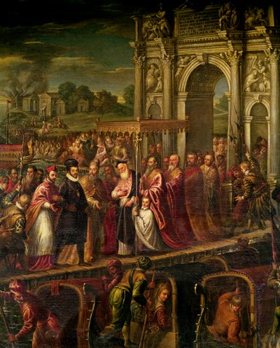 King Henri III (1551-89) of France visiting Venice in 1574, escorted by Doge Alvise Mocenigo (1570-77) and met by the Patriarch Giovanni Trevisan, from the Room of the Four Doors by Andrea Vicentino